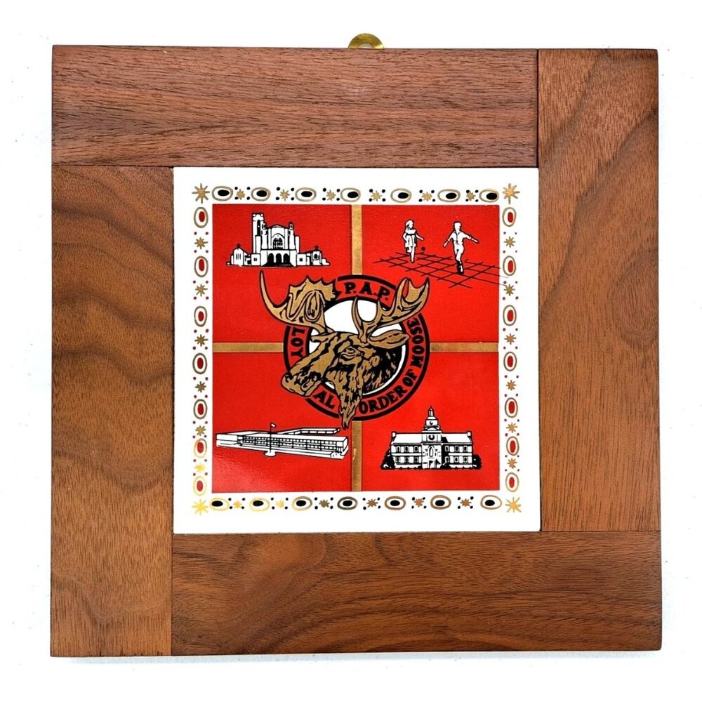 Vintage 1950s Loyal Order of the Moose LOOM Wooden Wall Plaque Ceramic Inlay MCM